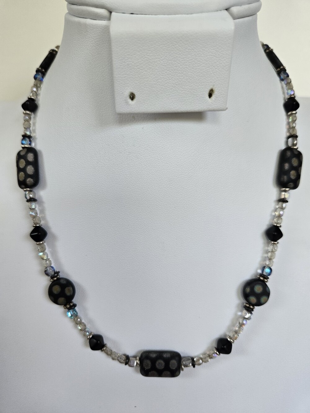 N-134- 18" Black Polka Dot Beads Accented With Silver Tone Necklace